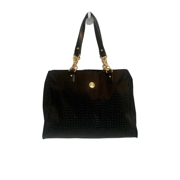 Tommy Hilfiger, Large, Black, T H Motif, Cloth Tote, Chain Handle - Picture 6 of 16